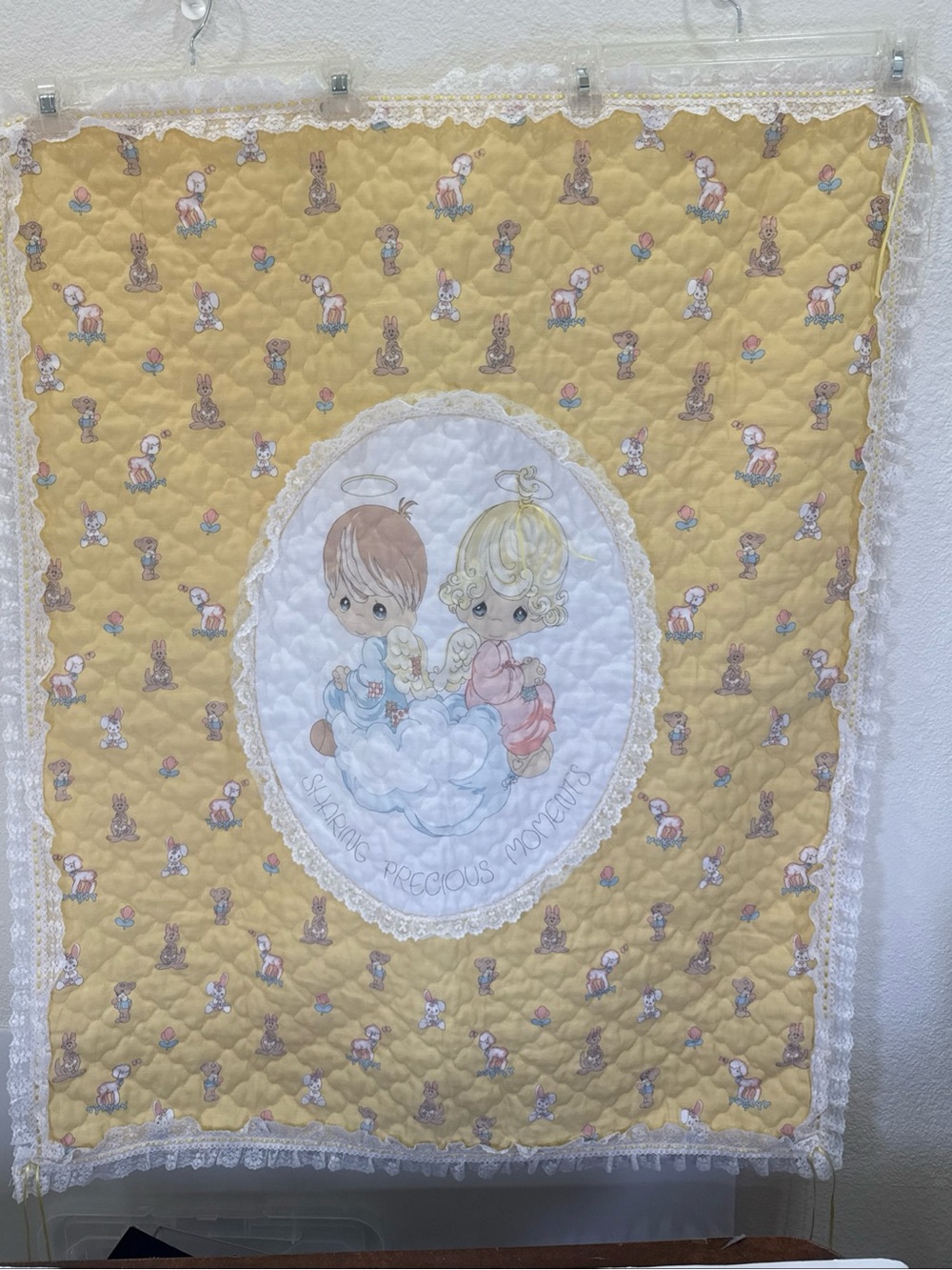 VTG Sharing Precious Moments Baby Blanket Quilt Lace Yellow Handmade 34” x 43”